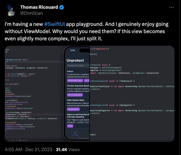 Thomas Tweet about View Models